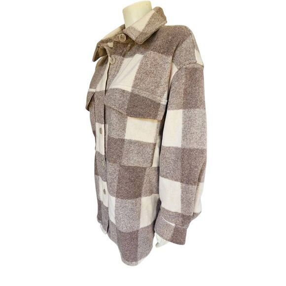 H&M Women’s XL Plaid Shacket Coat Jacket Taupe Beige Check Fleece New w/ Tags - Picture 2 of 8